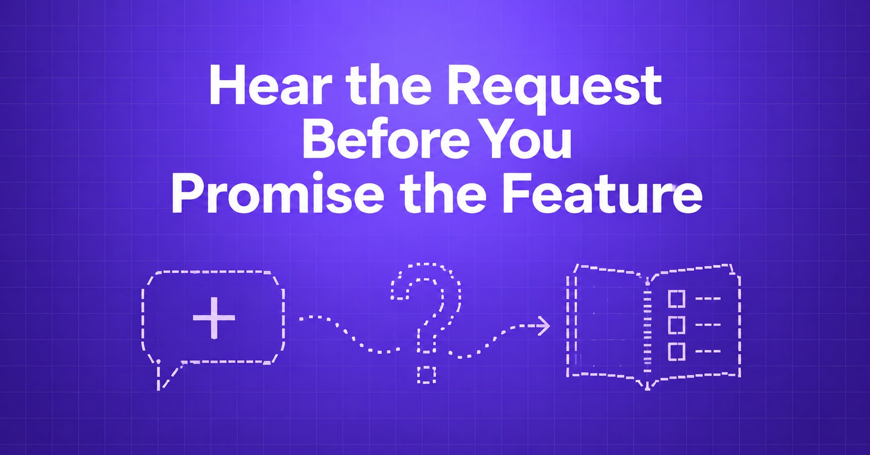 Hear the Request Before You Promise the Feature — ASCII request bubble, question mark and notebook on a violet gradient