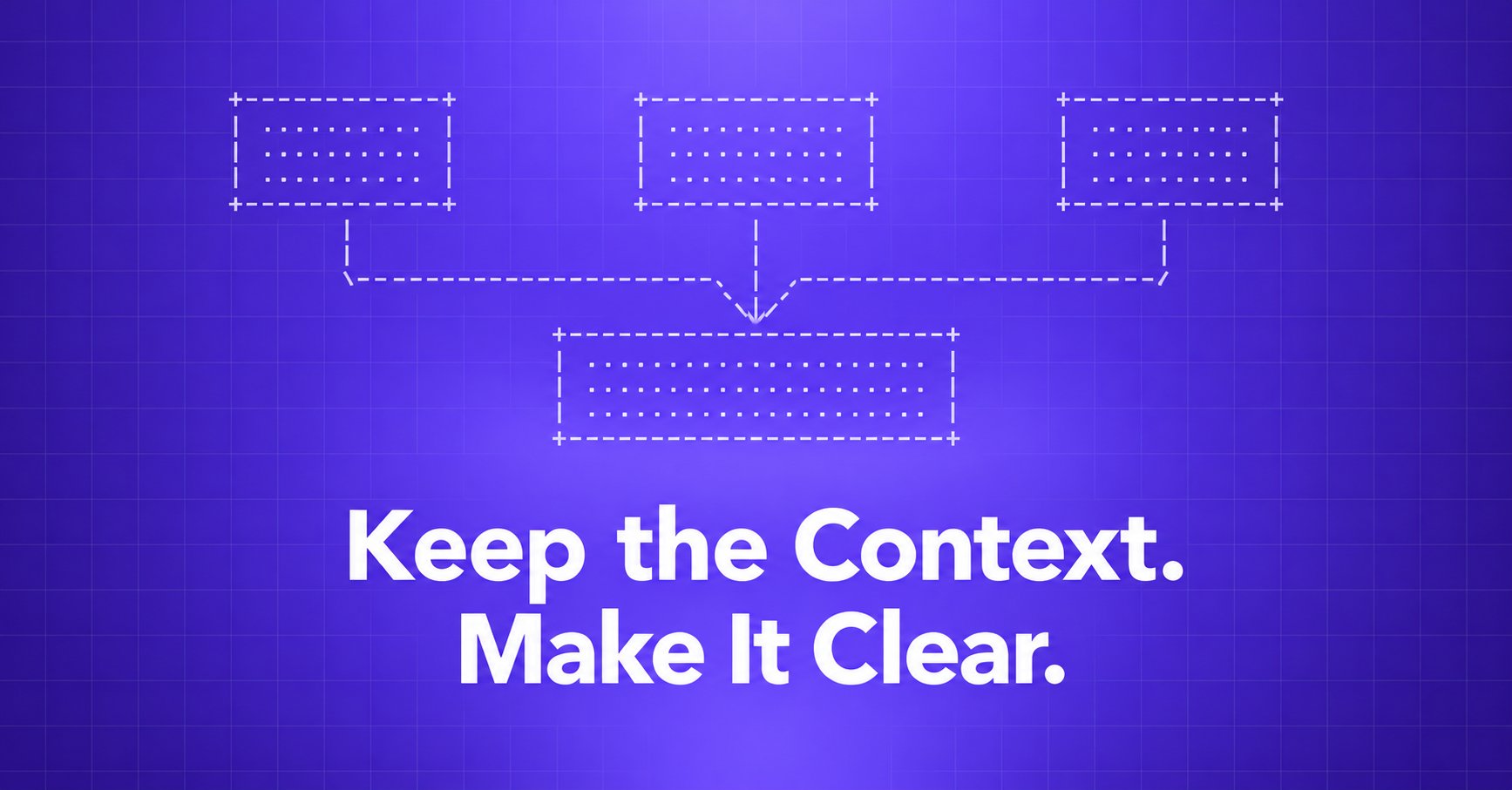 Keep the Context. Make It Clear. — three ASCII message boxes converging into one summary on violet