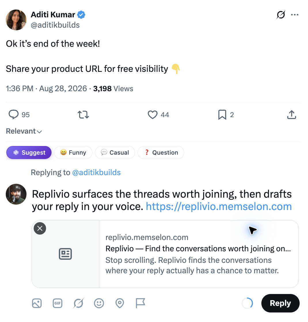 Replivio reply suggestion that naturally references the user's current project and includes a relevant link, inside X's reply composer